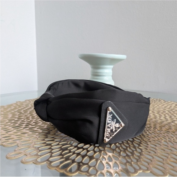 PRADA STYLE Black Satin Knot Headband logo triangle Milano - Picture 9 of 9